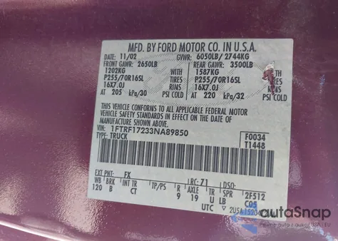 2003 Ford F-150 Xl/Xlt from USA, damaged, VIN 1FTRF17233NA89850